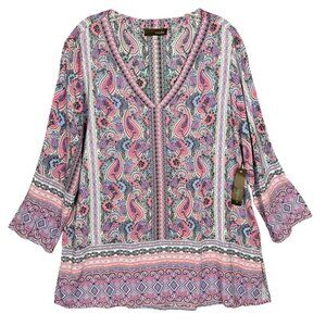 Crosby Womens Boho Peasant Tunic Top XL Pink Purple Tunic V Neck Lightweight
